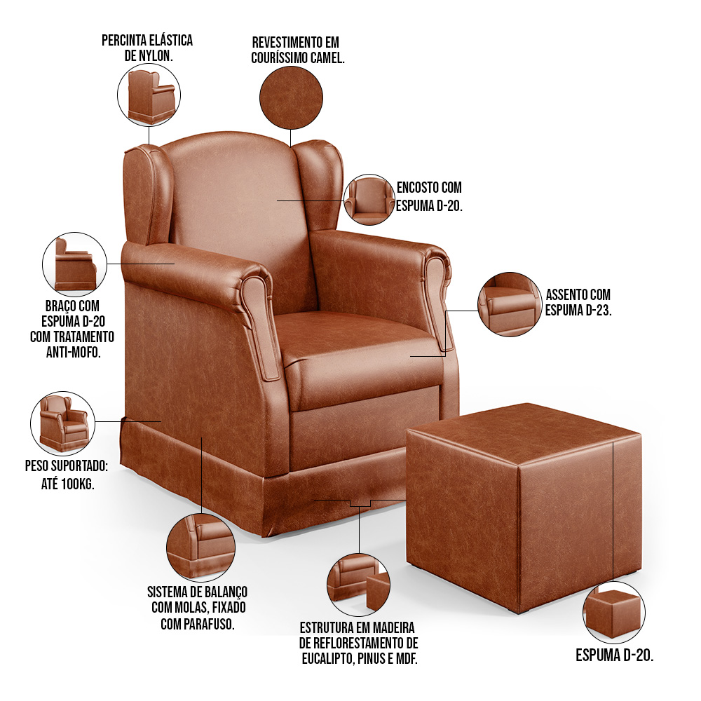 Poltrona De Amamentação Com Balanço E Puff Elisa P02 Couríssimo Camel - Lyam Decor