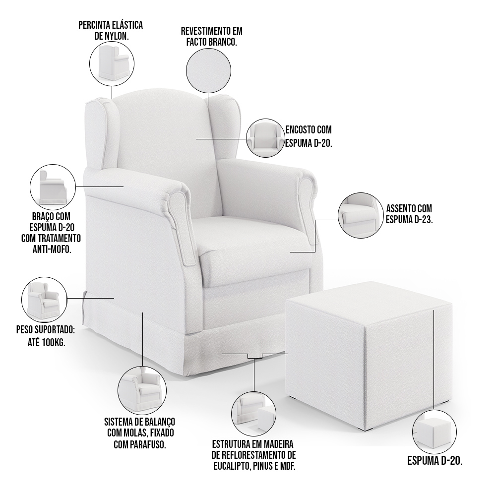 Poltrona De Amamentação Com Balanço E Puff Elisa P02 Facto Branco - Lyam Decor