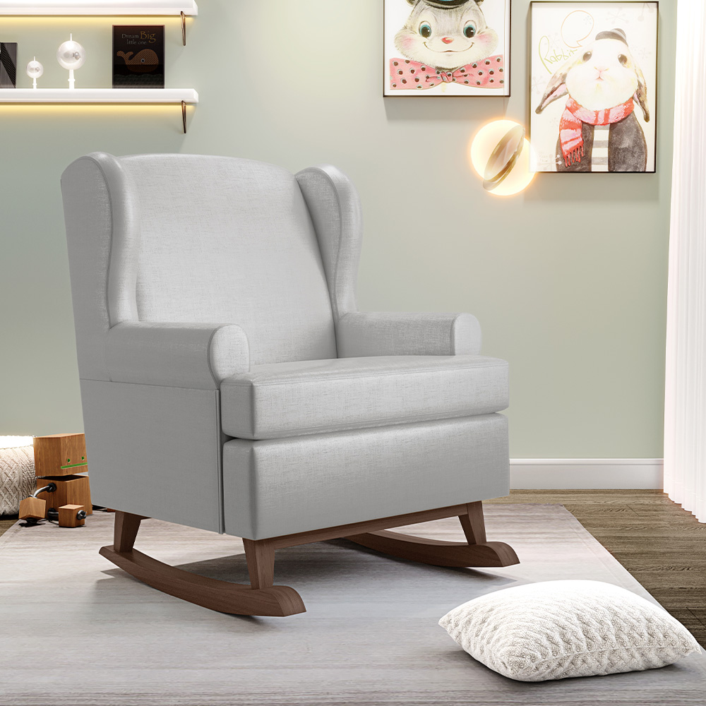 Poltrona De Amamentação Com Balanço Malu Base De Madeira P02 Facto Cinza Metalizado - Lyam Decor