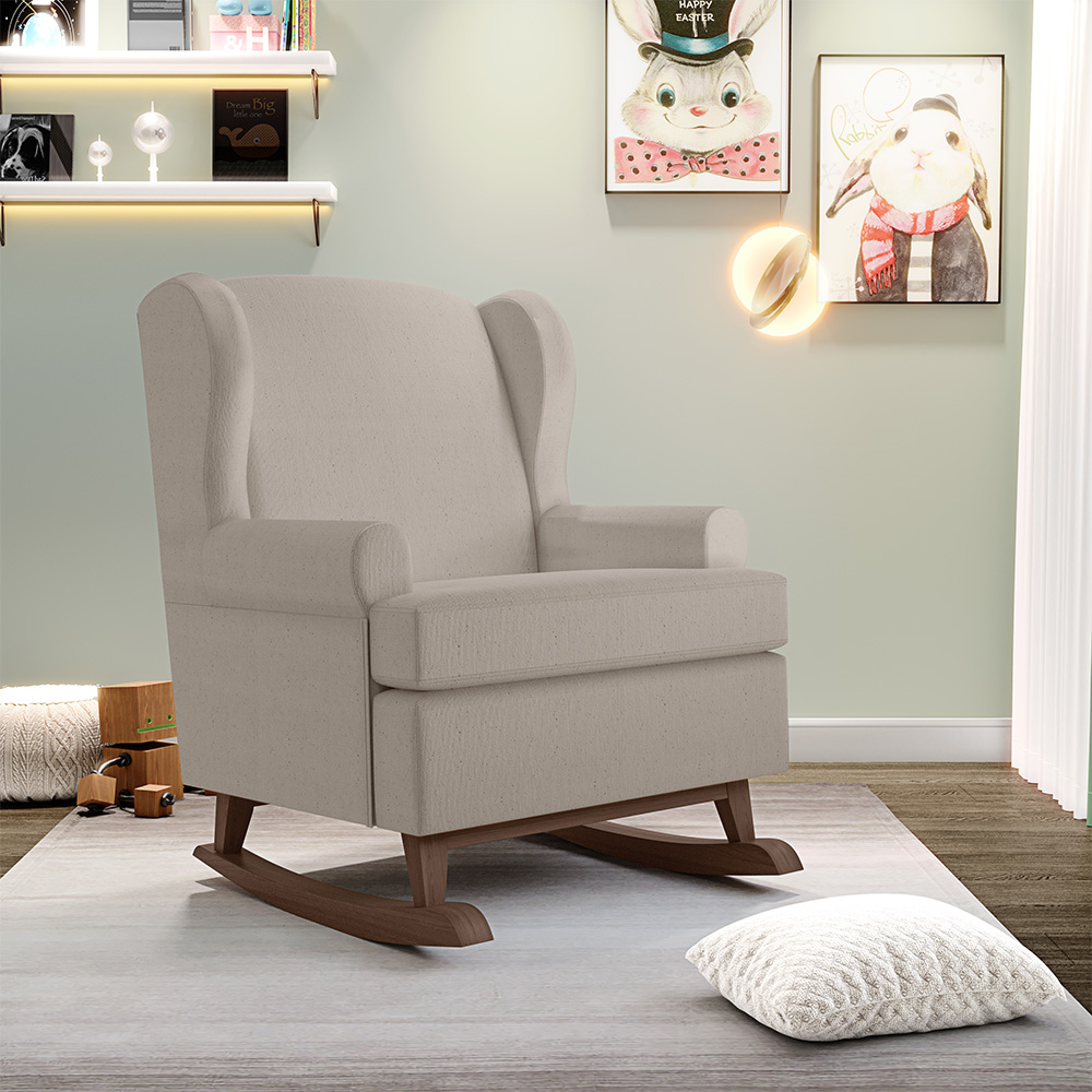 Poltrona De Amamentação Com Balanço Malu Base De Madeira P02 Linho Bege - Lyam Decor