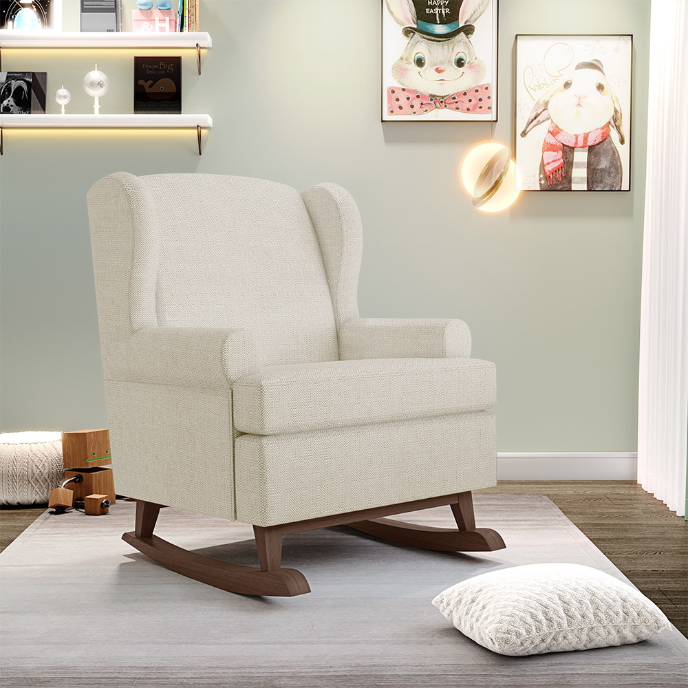 Poltrona De Amamentação Com Balanço Malu Base De Madeira P02 Linho Champagne - Lyam Decor