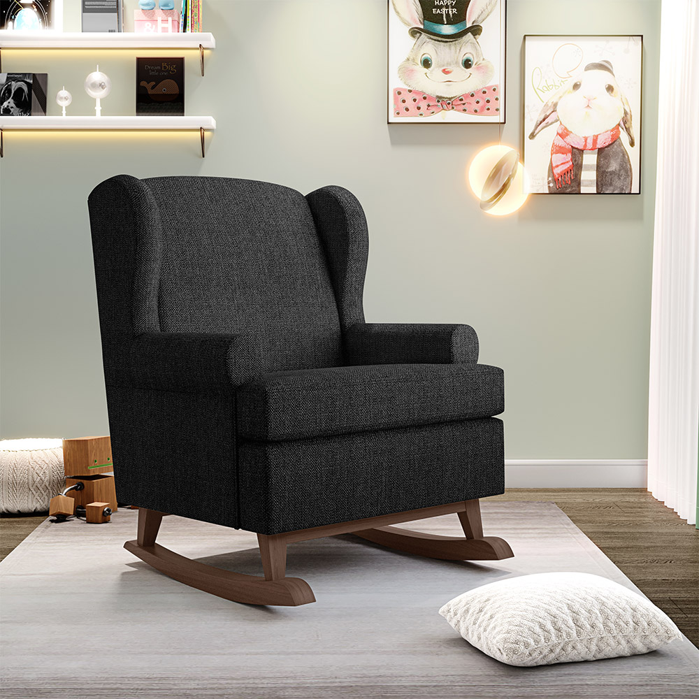 Poltrona De Amamentação Com Balanço Malu Base De Madeira P02 Linho Chumbo - Lyam Decor