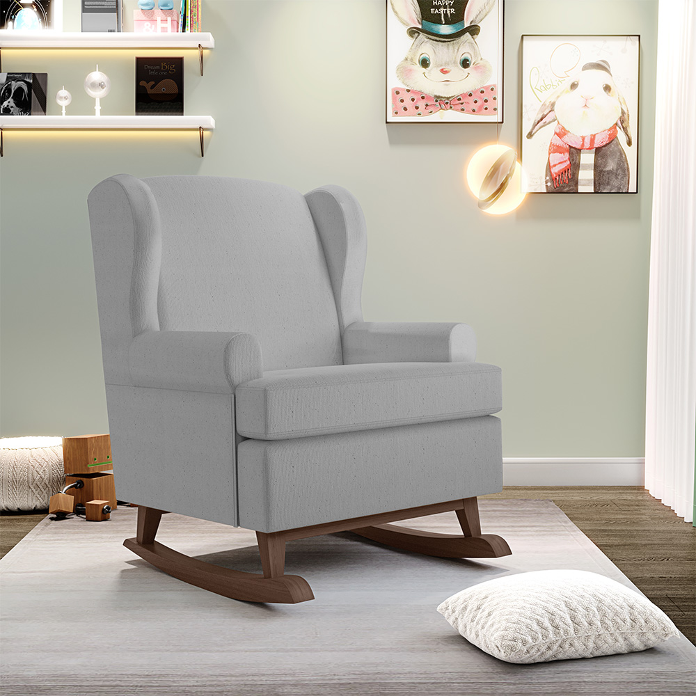 Poltrona De Amamentação Com Balanço Malu Base De Madeira P02 Linho Cinza - Lyam Decor