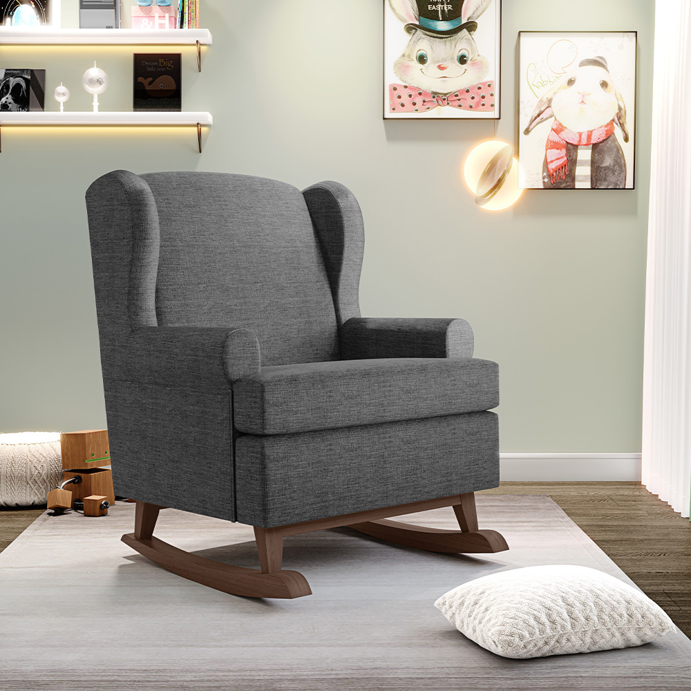 Poltrona De Amamentação Com Balanço Malu Base De Madeira P02 Linho Cinza Escuro - Lyam Decor