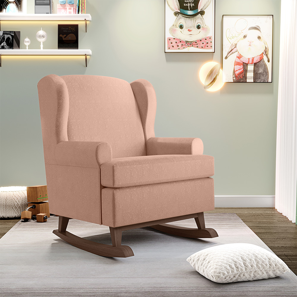 Poltrona De Amamentação Com Balanço Malu Base De Madeira P02 Linho Rosê - Lyam Decor