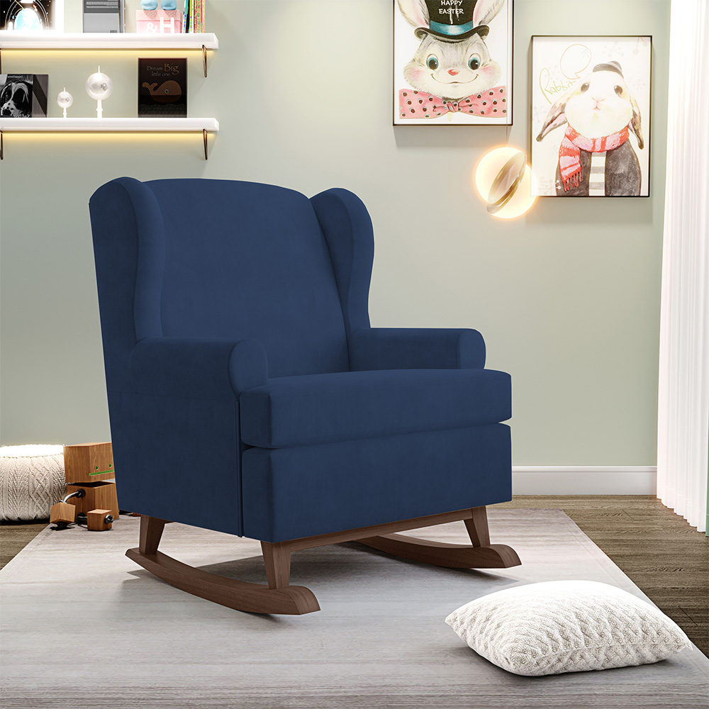 Poltrona De Amamentação Com Balanço Malu Base De Madeira P02 Suede Azul Marinho - Lyam Decor