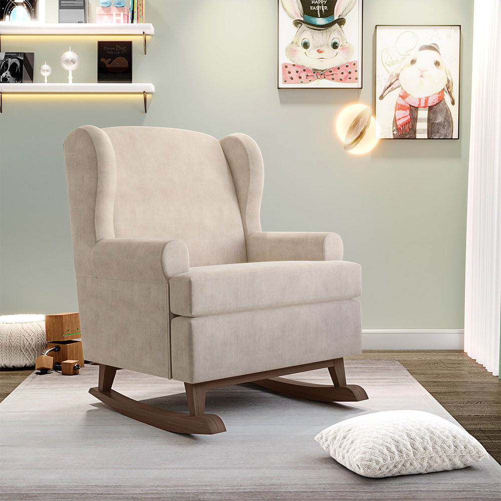 Poltrona De Amamentação Com Balanço Malu Base De Madeira P02 Suede Bege - Lyam Decor