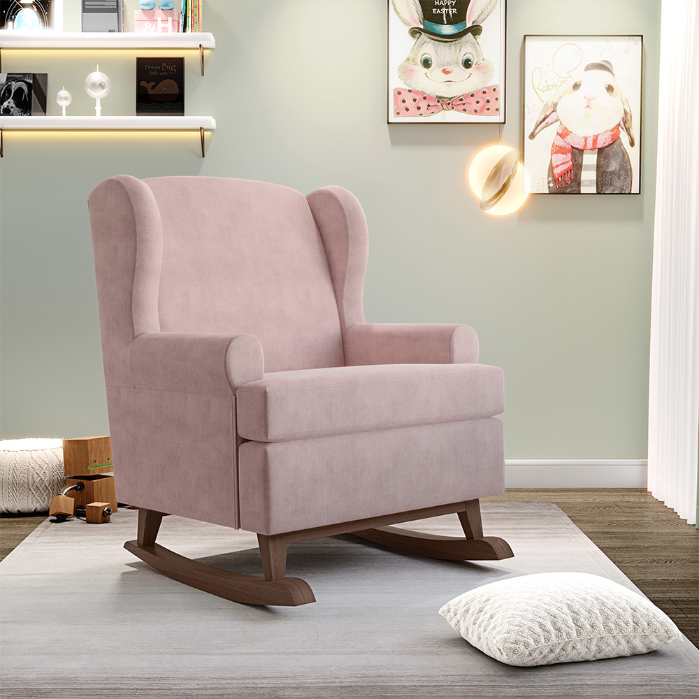Poltrona De Amamentação Com Balanço Malu Base De Madeira P02 Suede Rosê - Lyam Decor