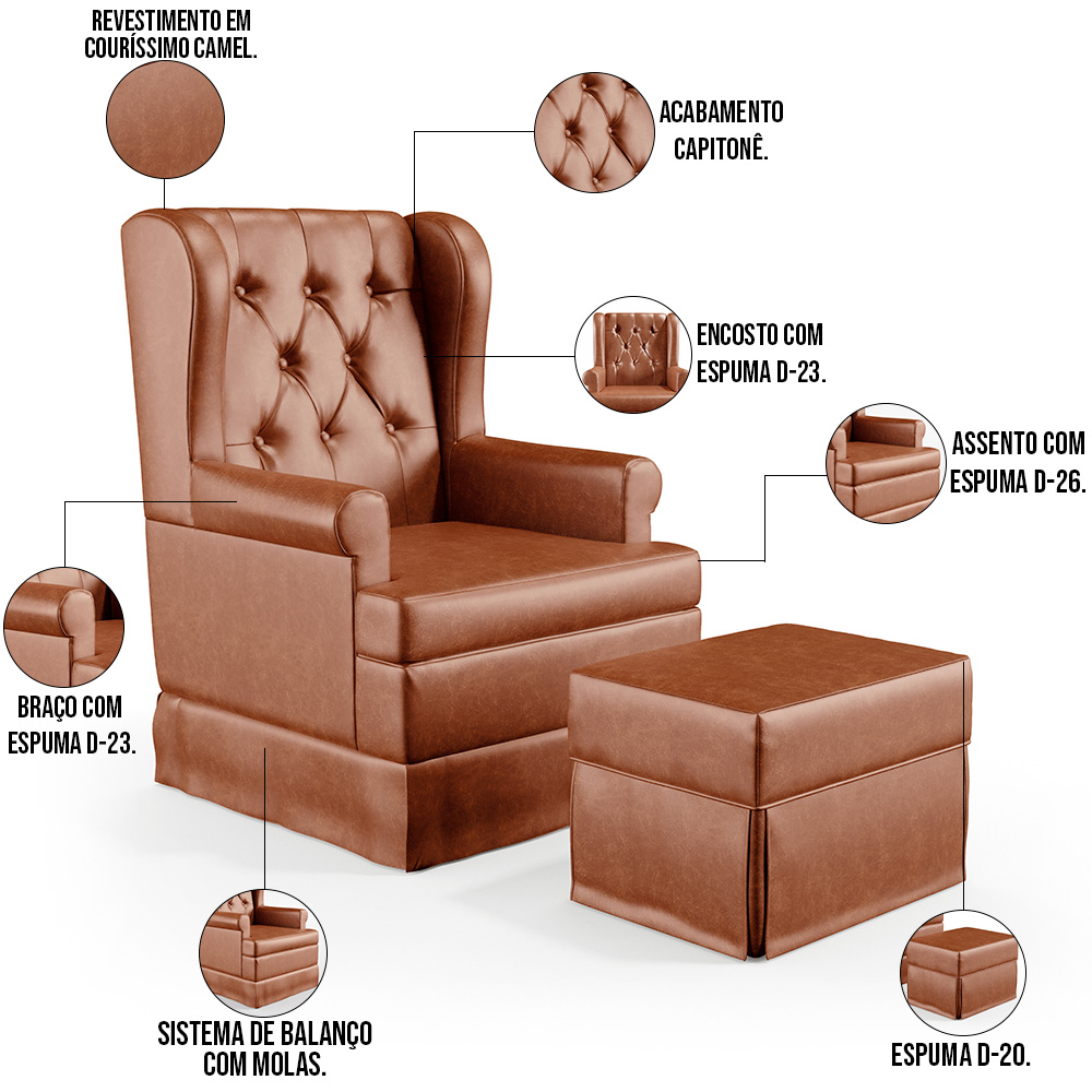 Poltrona De Amamentação Com Balanço e Puff Helena P02 Capitonê Couríssimo Camel - Lyam Decor