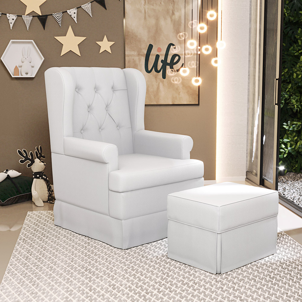 Poltrona De Amamentação Com Balanço e Puff Helena P02 Capitonê Facto Branco - Lyam Decor