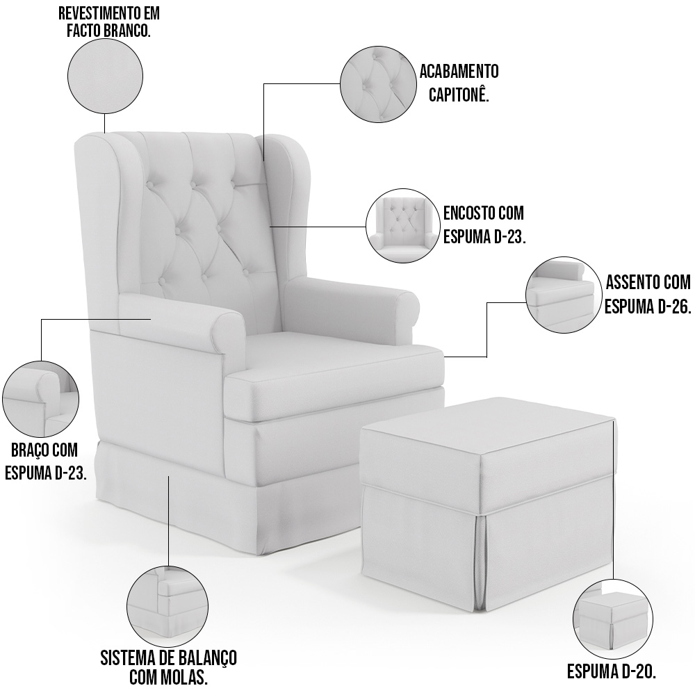 Poltrona De Amamentação Com Balanço e Puff Helena P02 Capitonê Facto Branco - Lyam Decor