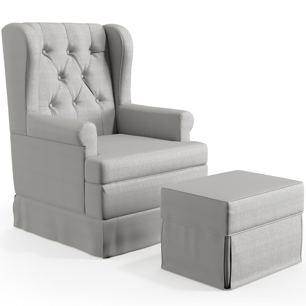 Poltrona De Amamentação Com Balanço e Puff Helena P02 Capitonê Facto Cinza Metalizado - Lyam Decor