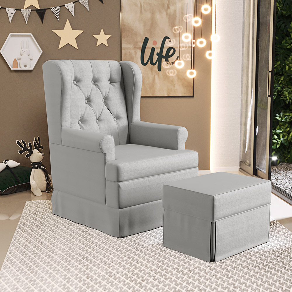 Poltrona De Amamentação Com Balanço e Puff Helena P02 Capitonê Facto Cinza Metalizado - Lyam Decor