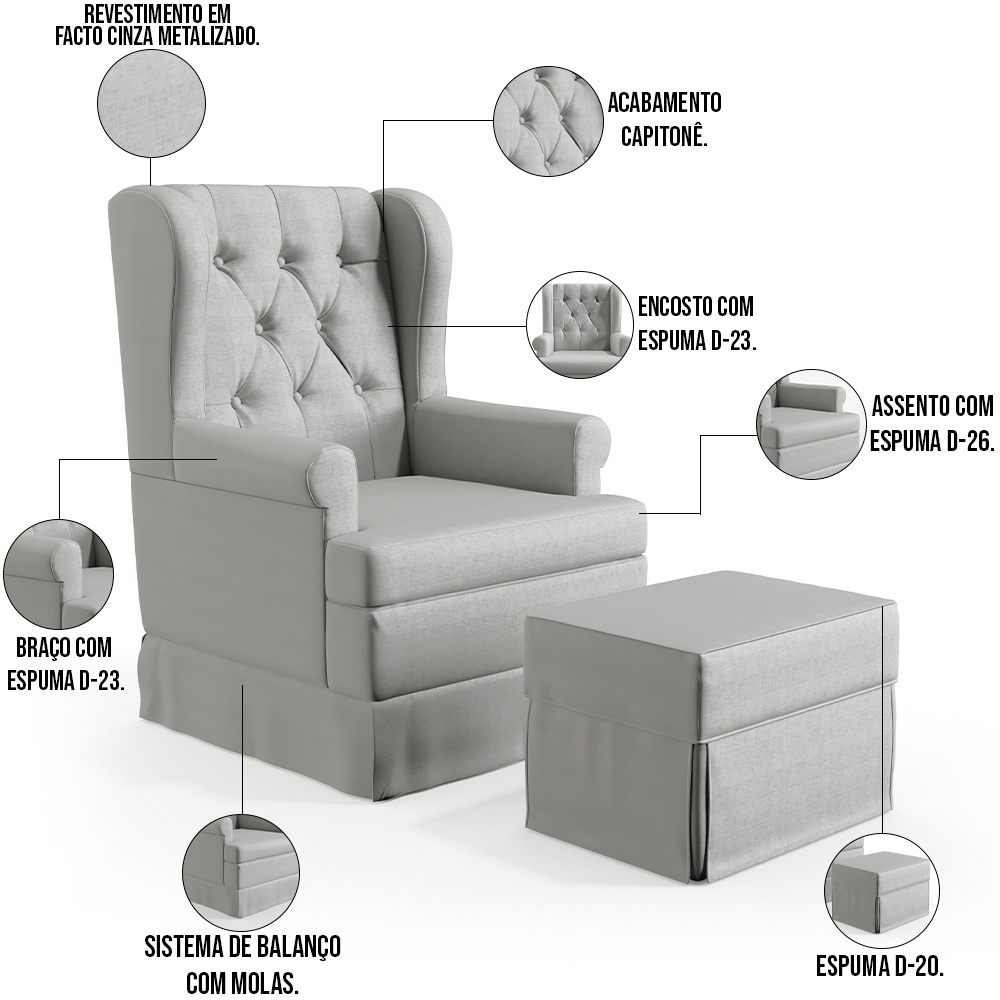 Poltrona De Amamentação Com Balanço e Puff Helena P02 Capitonê Facto Cinza Metalizado - Lyam Decor