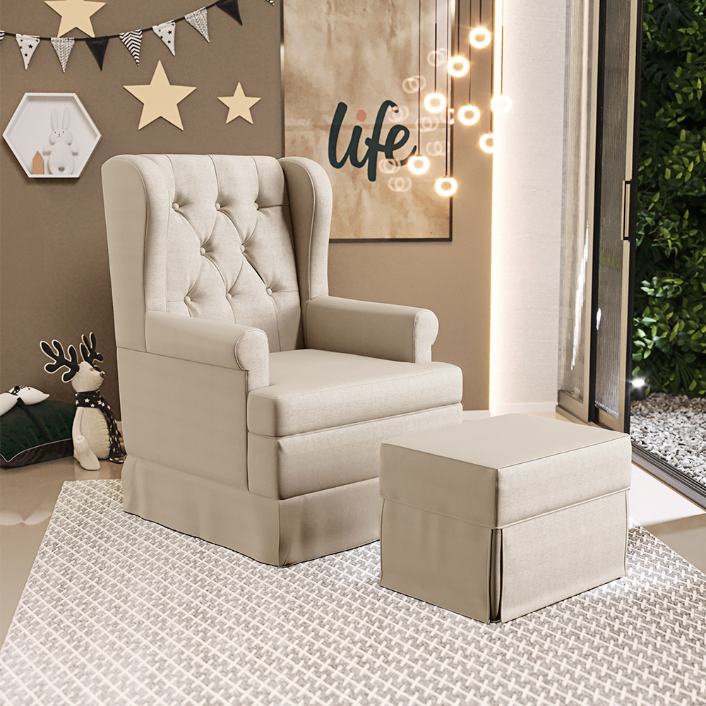 Poltrona De Amamentação Com Balanço e Puff Helena P02 Capitonê Facto Pérola Metalizado - Lyam Decor