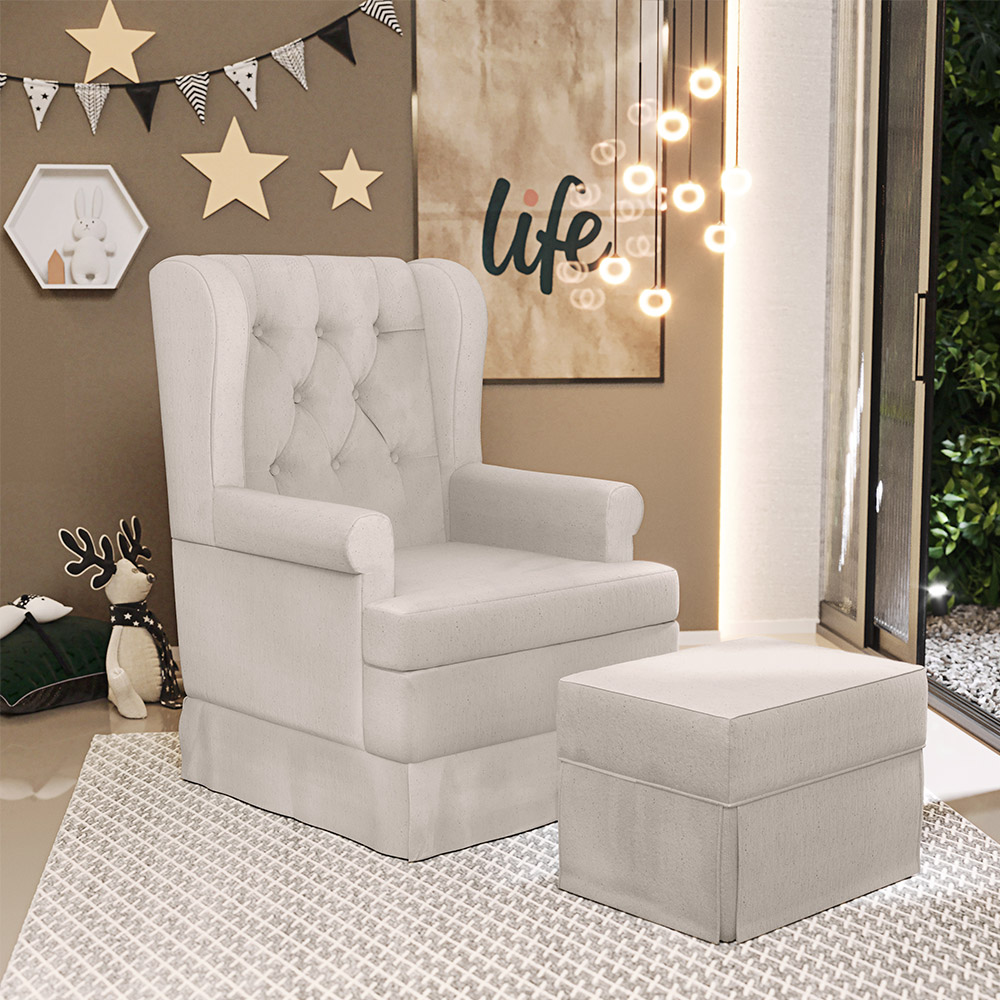 Poltrona De Amamentação Com Balanço e Puff Helena P02 Capitonê Linho Cru - Lyam Decor