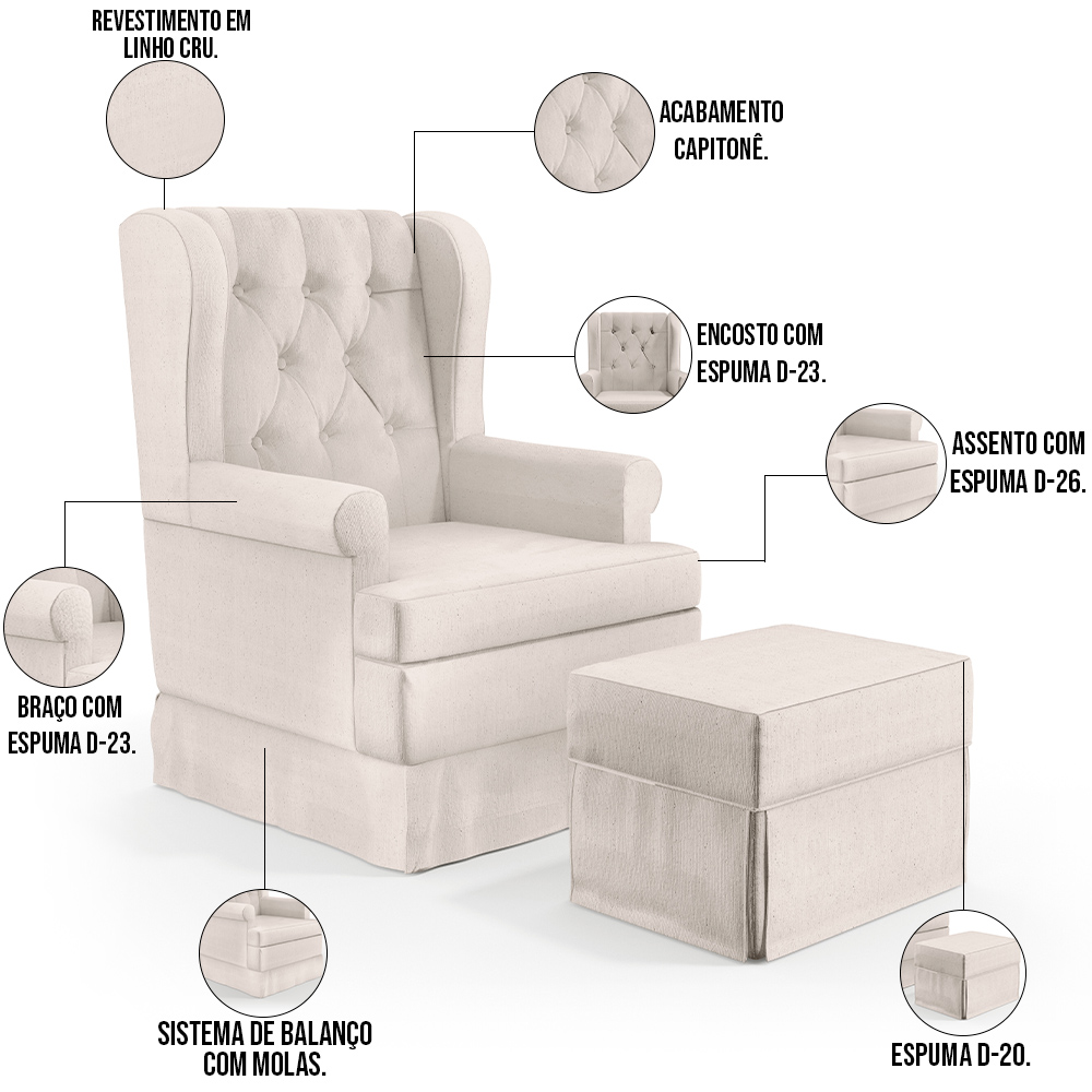 Poltrona De Amamentação Com Balanço e Puff Helena P02 Capitonê Linho Cru - Lyam Decor