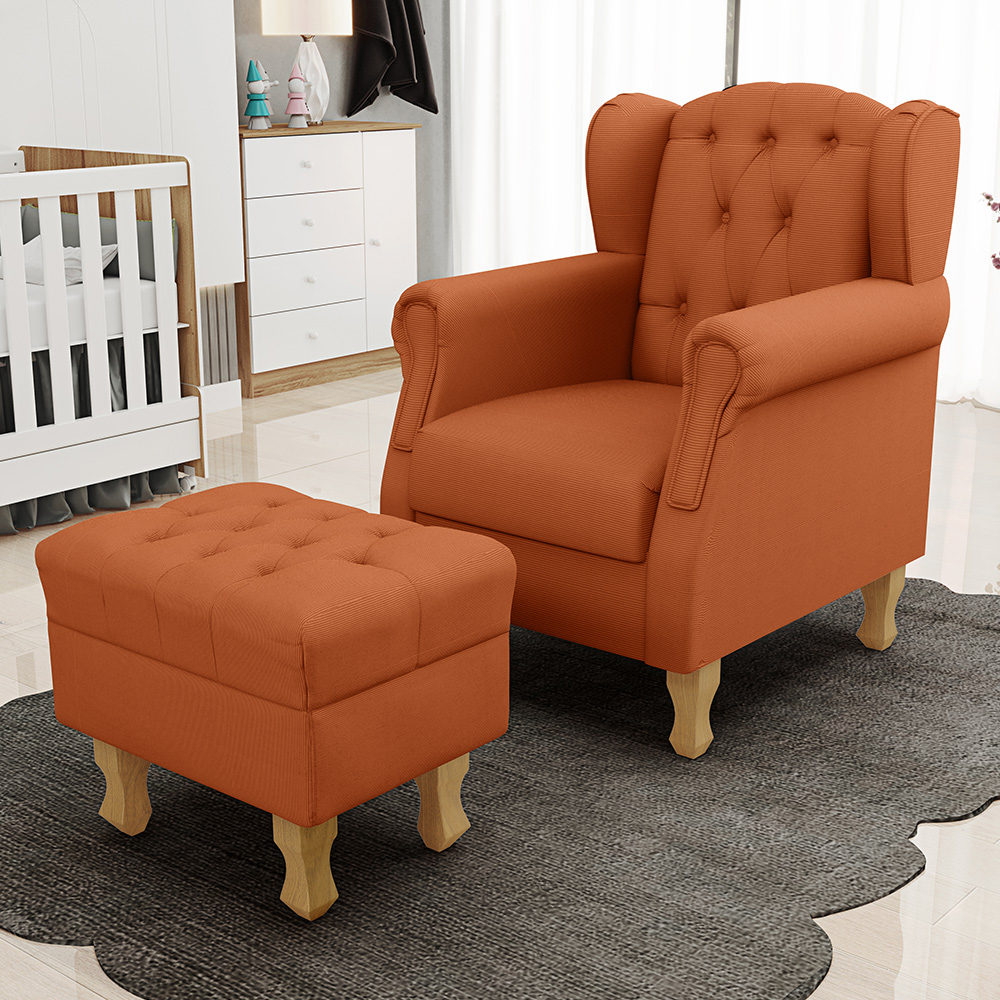 Poltrona De Amamentação Yara P02 Com Puff Paris L02 Tecido Terracota - Lyam Decor