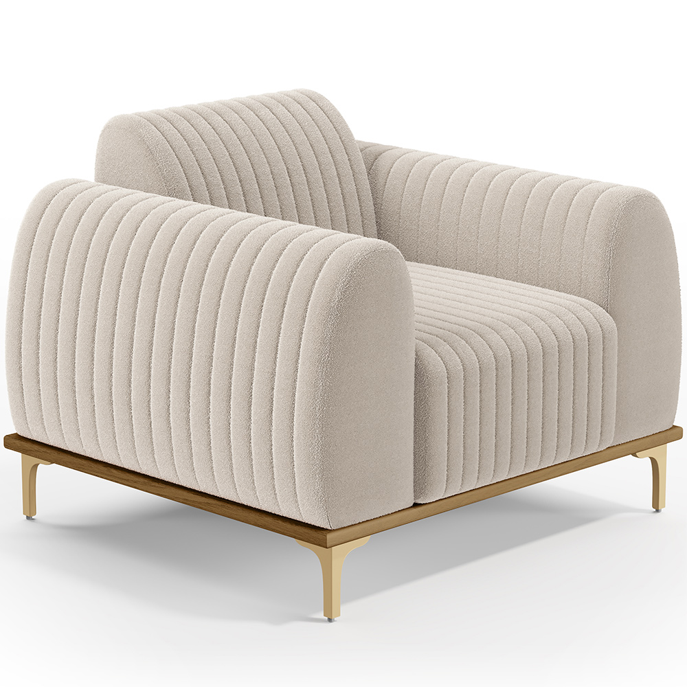 Poltrona Decorativa Base De Madeira Castanho e Pés Metalizado D'Ouro Molino D02 Bouclê Creme C-54 - Lyam Decor