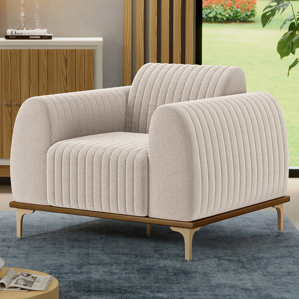 Poltrona Decorativa Base De Madeira Castanho e Pés Metalizado D'Ouro Molino D02 Bouclê Creme C-54 - Lyam Decor