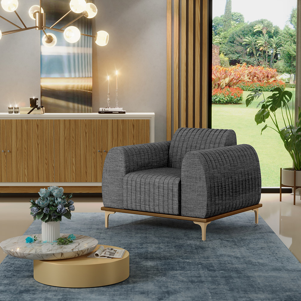 Poltrona Decorativa Base De Madeira Com Pés D'Ouro Molino D02 Linho Cinza Escuro C-416 - Lyam Decor