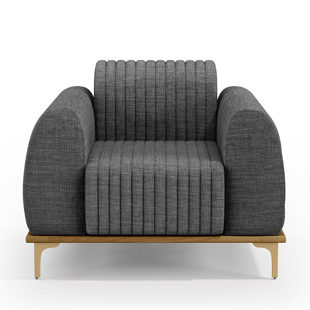 Poltrona Decorativa Base De Madeira Com Pés D'Ouro Molino D02 Linho Cinza Escuro C-416 - Lyam Decor