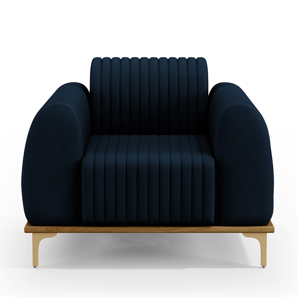 Poltrona Decorativa Base De Madeira Com Pés D'Ouro Molino D02 Veludo Azul Oxford C-304 - Lyam Decor