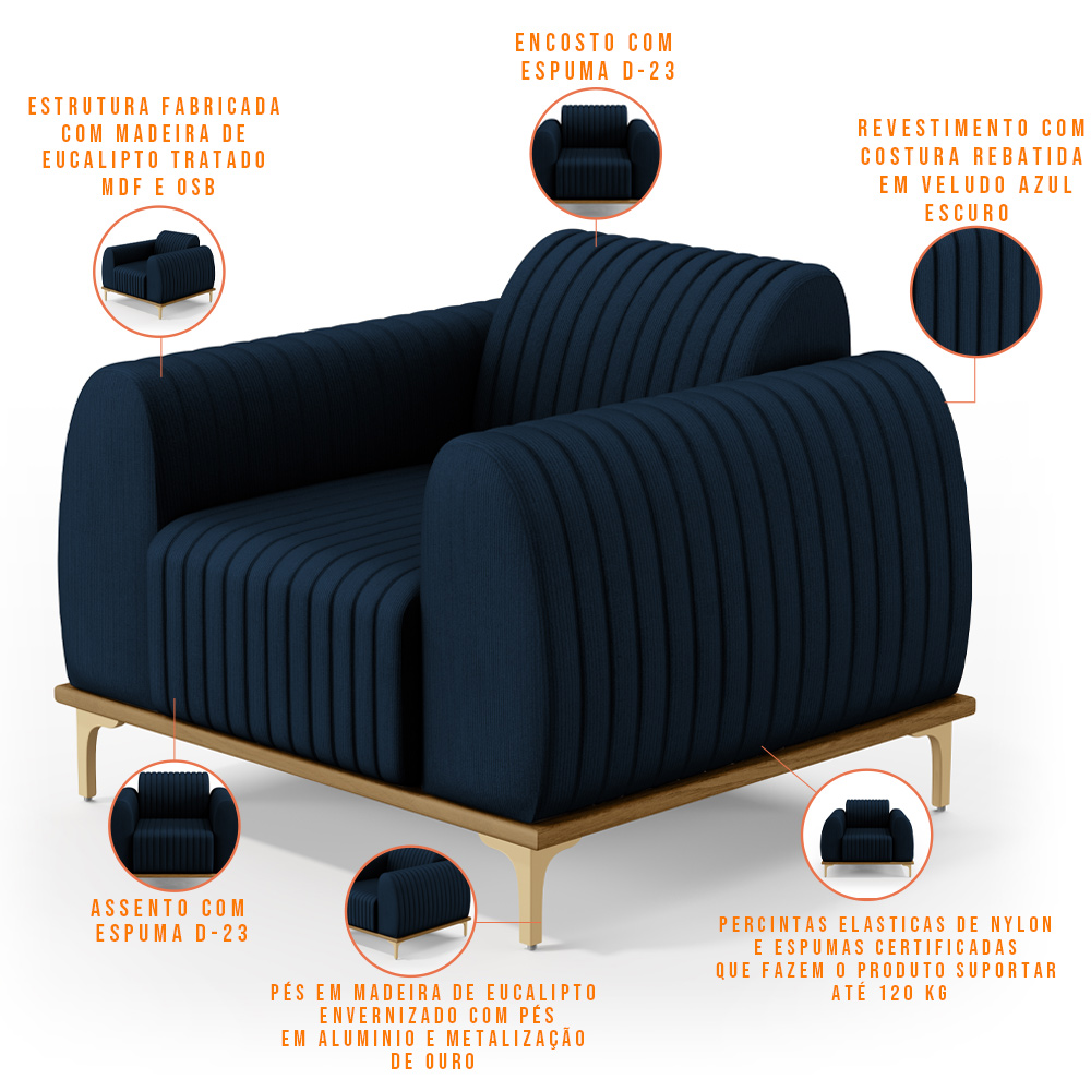 Poltrona Decorativa Base De Madeira Com Pés D'Ouro Molino D02 Veludo Azul Oxford C-304 - Lyam Decor