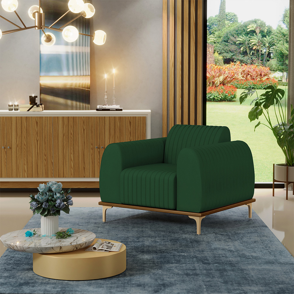 Poltrona Decorativa Base De Madeira Com Pés D'Ouro Molino D02 Veludo Verde Musgo C-303 - Lyam Decor