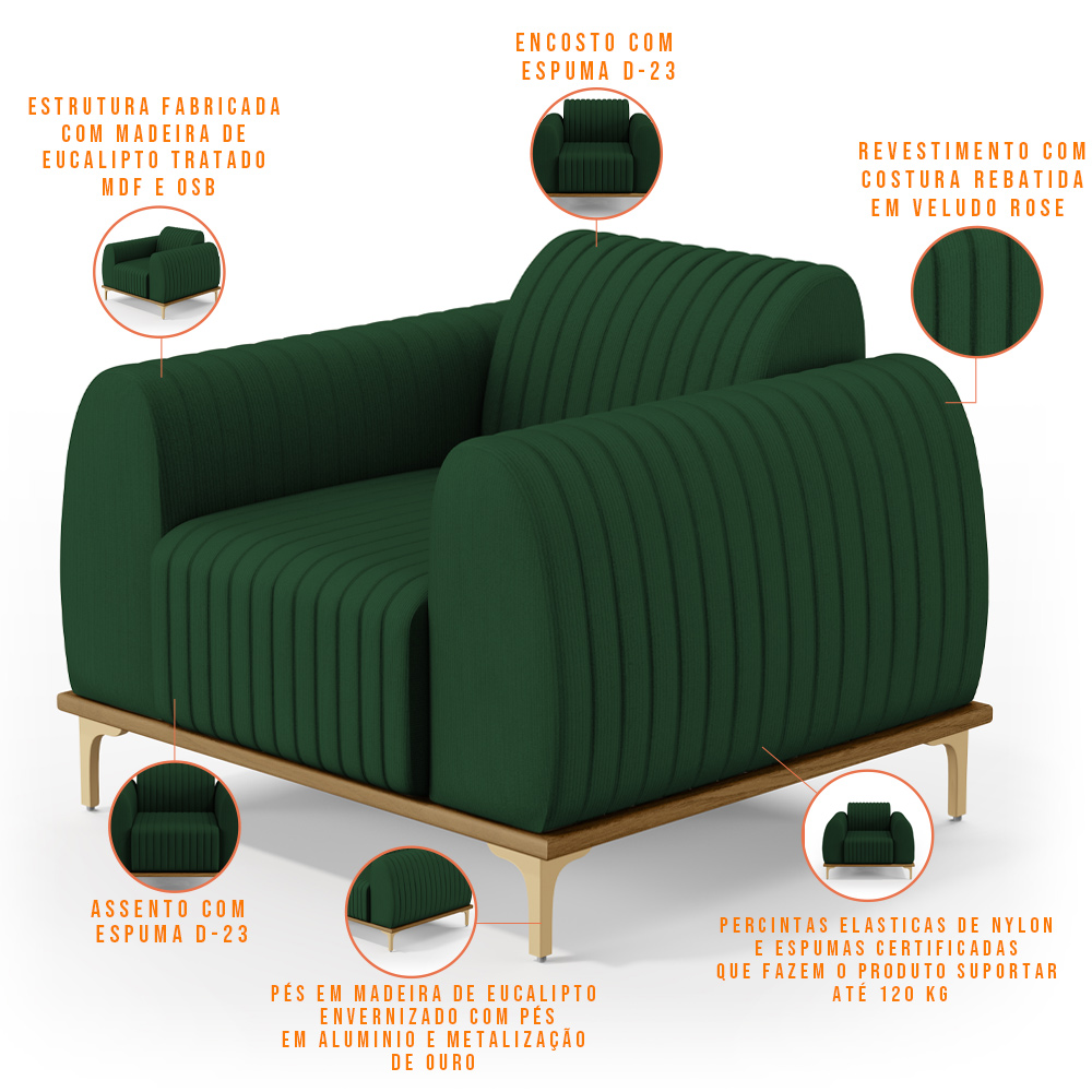 Poltrona Decorativa Base De Madeira Com Pés D'Ouro Molino D02 Veludo Verde Musgo C-303 - Lyam Decor