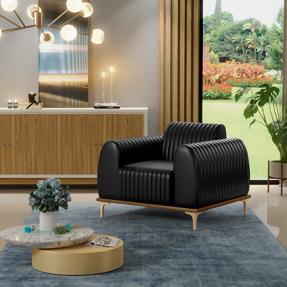 Poltrona Decorativa Base De Madeira Pés Metalizado D'Ouro Molino D02 Corano Preto B-159 - Lyam Decor