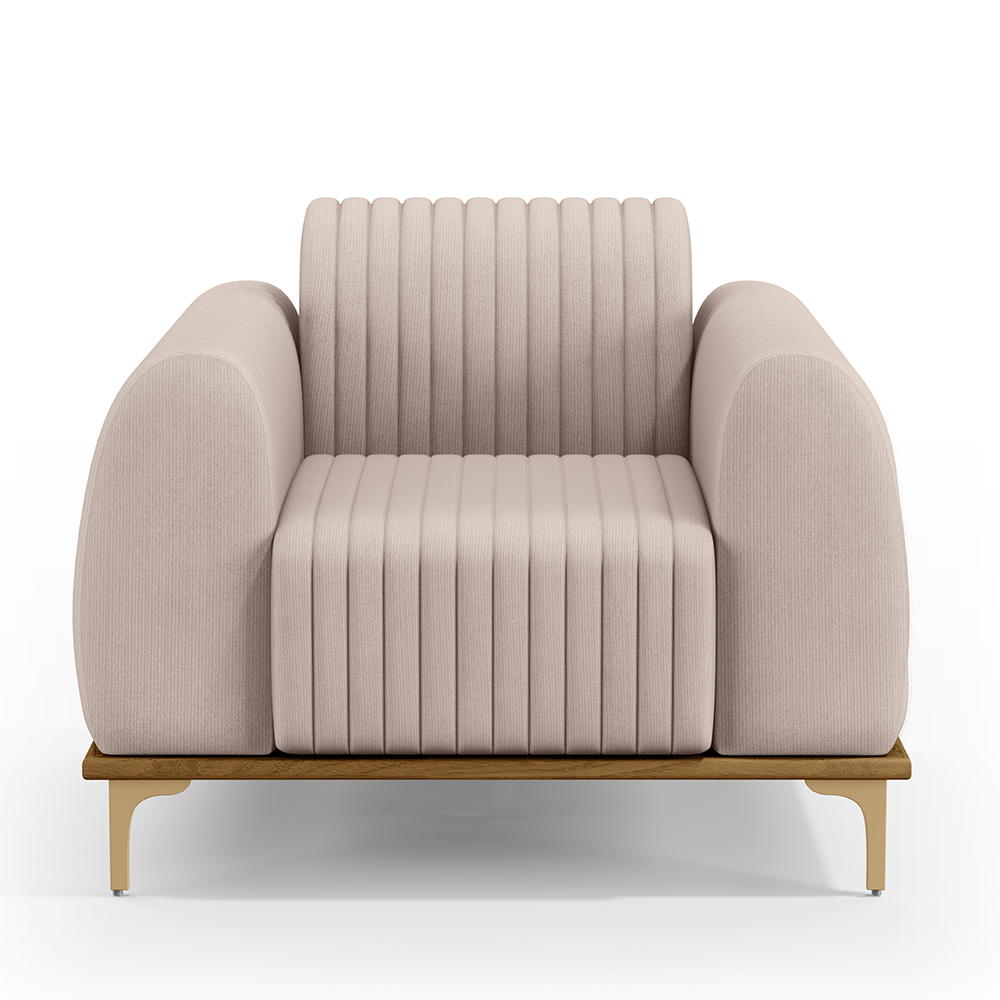 Poltrona Decorativa Base De Madeira Pés Metalizado D'Ouro Molino D02 Veludo Bege C-309 - Lyam Decor