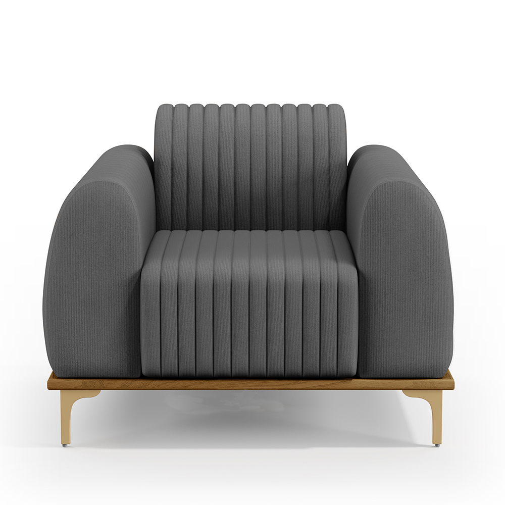 Poltrona Decorativa Base De Madeira Pés Metalizado D'Ouro Molino D02 Veludo Cinza C-317 - Lyam Decor