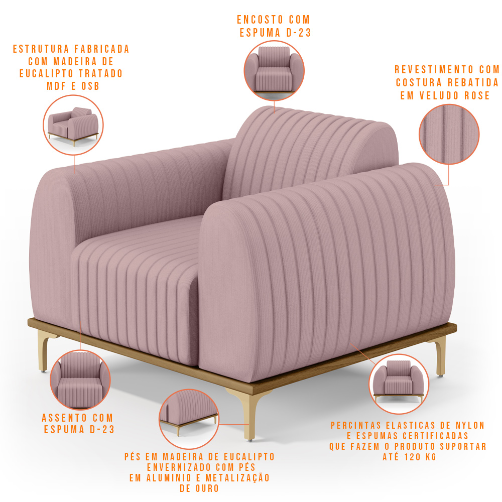 Poltrona Decorativa Base De Madeira Pés Metalizado D'Ouro Molino D02 Veludo Rosê C-305 - Lyam Decor