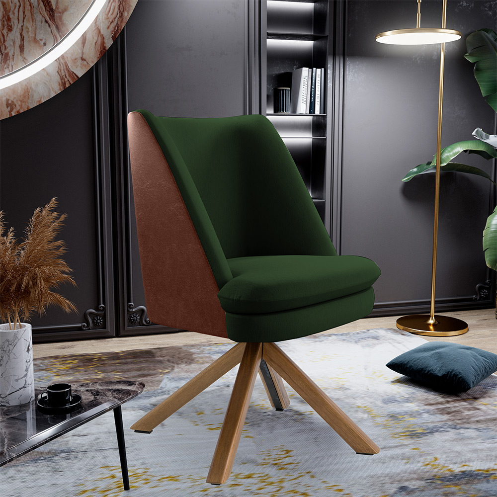 Poltrona Decorativa Base Giratória Pérsia D02 Linho Verde Musgo C-117 Corano Marrom B38 - Lyam Decor