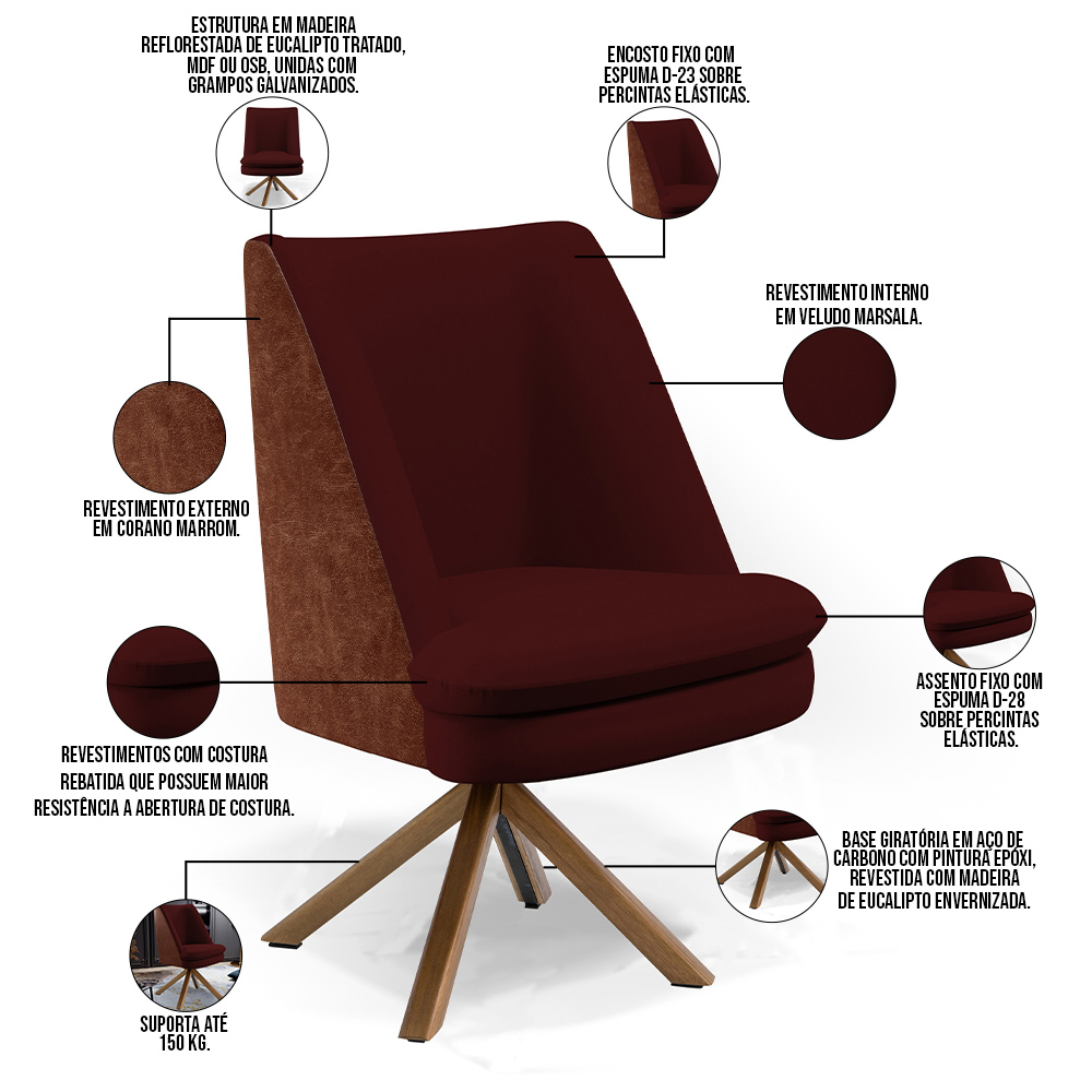 Poltrona Decorativa Base Giratória Pérsia D02 Veludo Marsala C-278 Corano Marrom B-38 - Lyam Decor