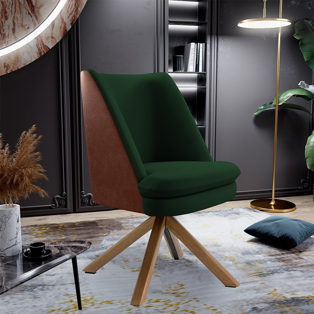 Poltrona Decorativa Base Giratória Pérsia D02 Veludo Verde Musgo C303 Corano Marrom B38 - Lyam Decor