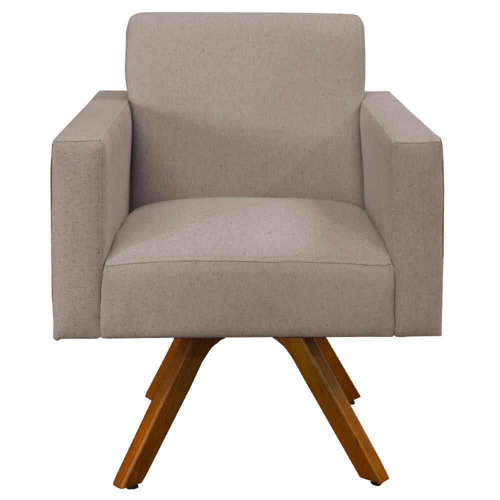 Poltrona Decorativa Base Giratória de Madeira Helô L02 Linho Bege Couríssimo Camel - Lyam Decor