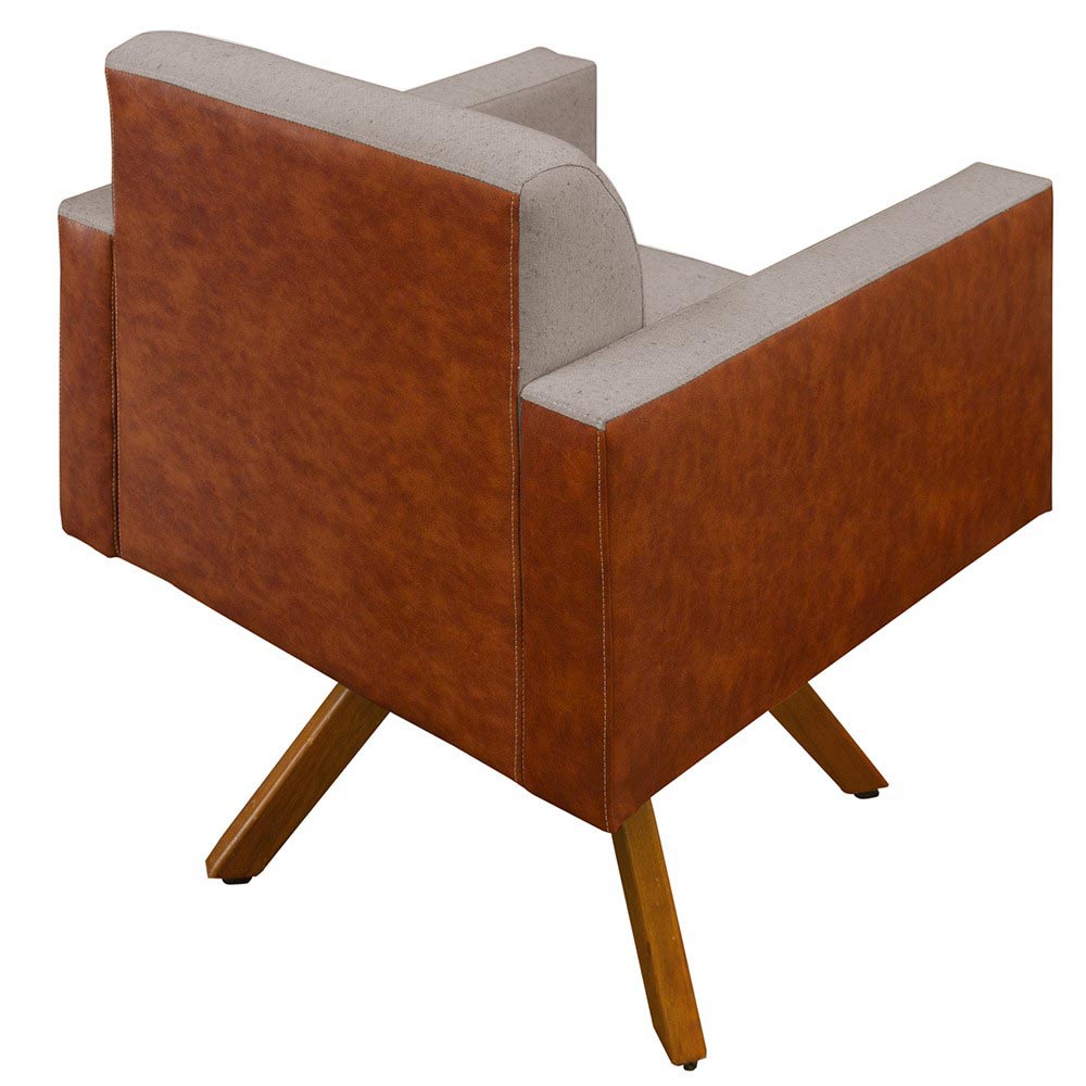 Poltrona Decorativa Base Giratória de Madeira Helô L02 Linho Bege Couríssimo Camel - Lyam Decor