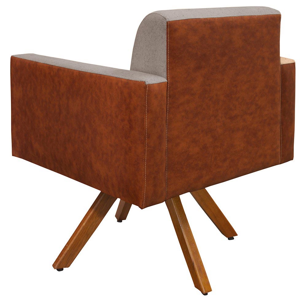Poltrona Decorativa Base Giratória de Madeira Helô L02 Linho Bege Couríssimo Camel - Lyam Decor