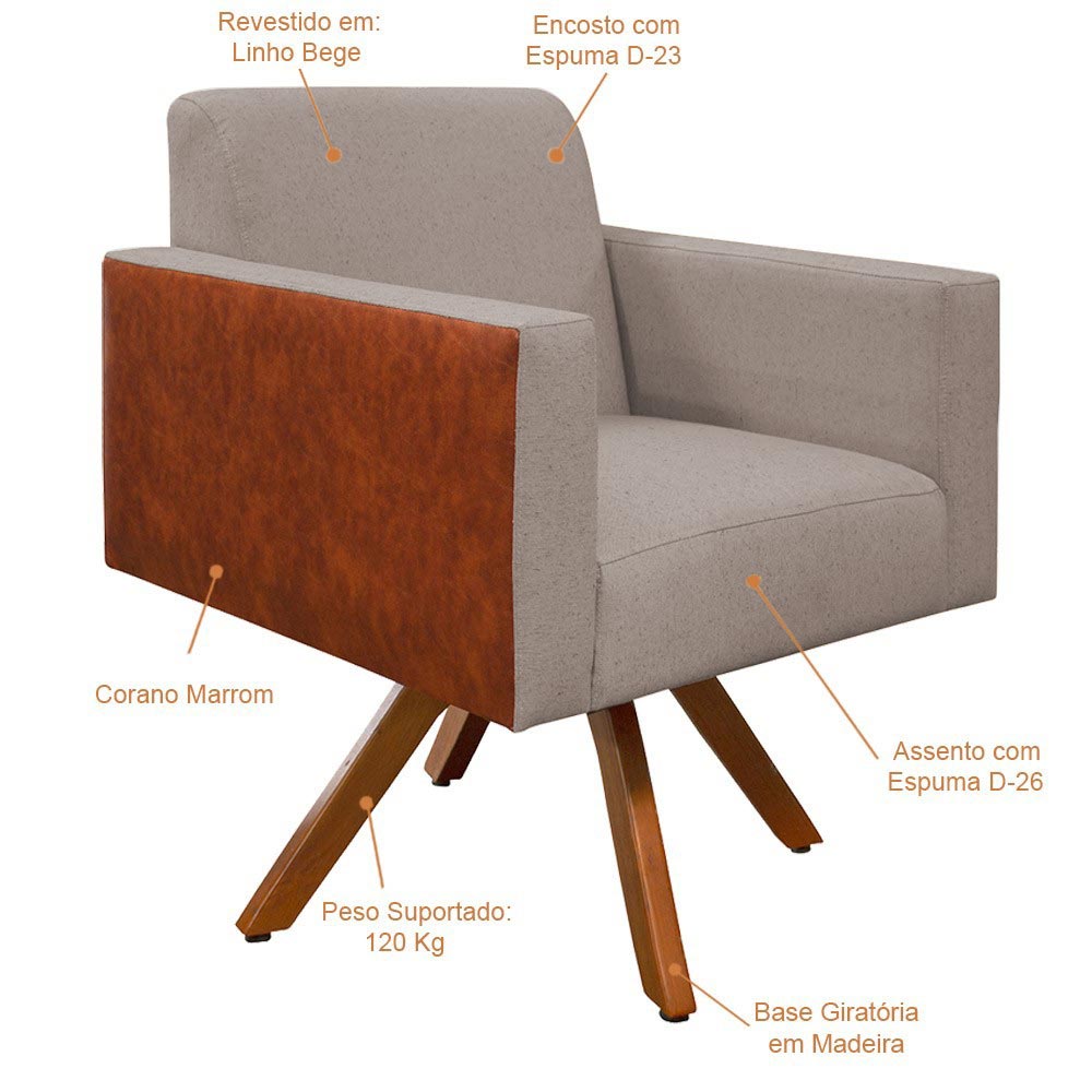 Poltrona Decorativa Base Giratória de Madeira Helô L02 Linho Bege Couríssimo Camel - Lyam Decor