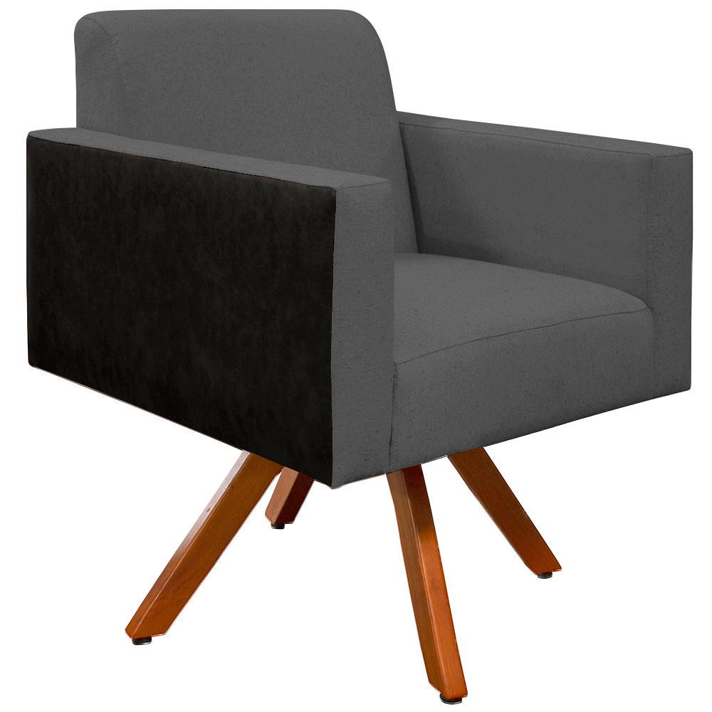 Poltrona Decorativa Base Giratória de Madeira Helô L02 Linho Chumbo Couríssimo Preto - Lyam Decor