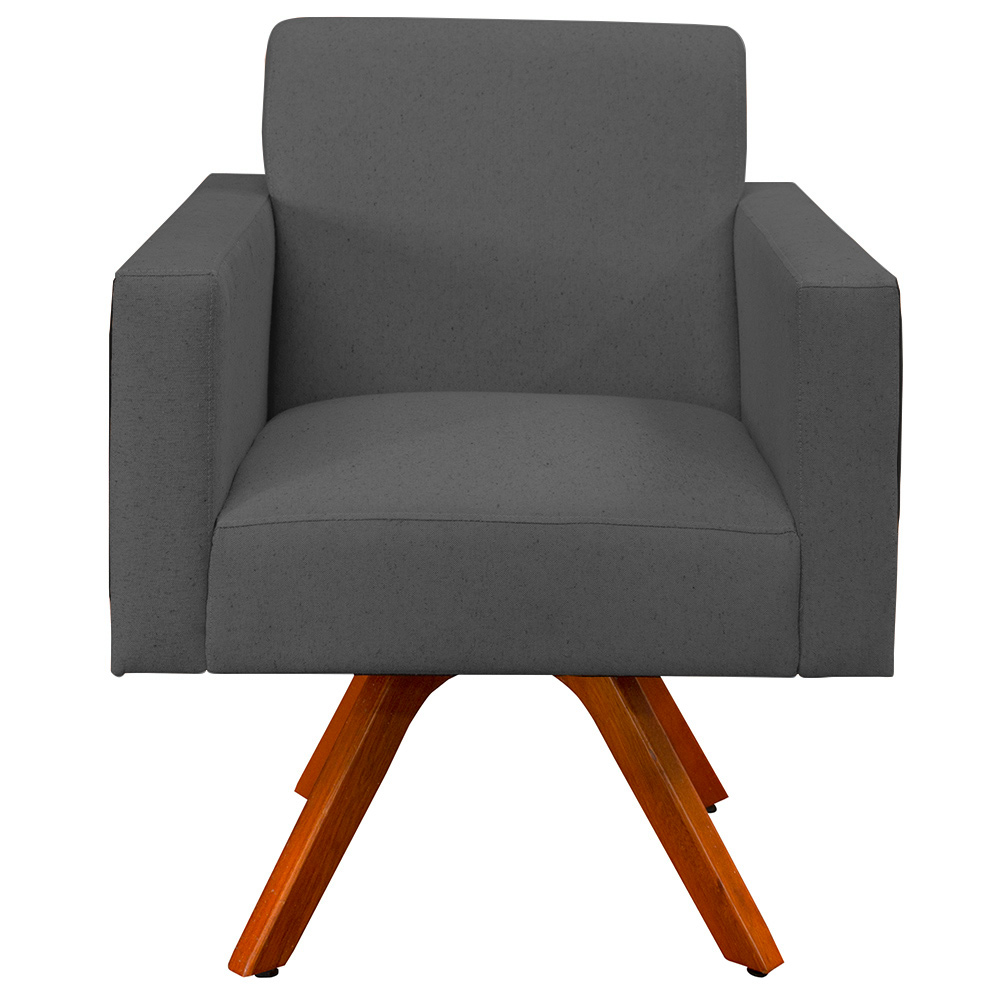 Poltrona Decorativa Base Giratória de Madeira Helô L02 Linho Chumbo Couríssimo Preto - Lyam Decor