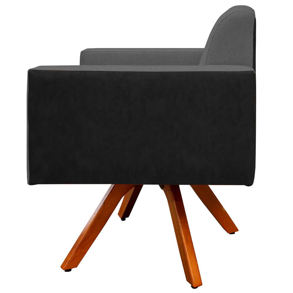 Poltrona Decorativa Base Giratória de Madeira Helô L02 Linho Chumbo Couríssimo Preto - Lyam Decor