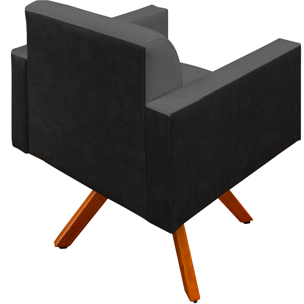 Poltrona Decorativa Base Giratória de Madeira Helô L02 Linho Chumbo Couríssimo Preto - Lyam Decor