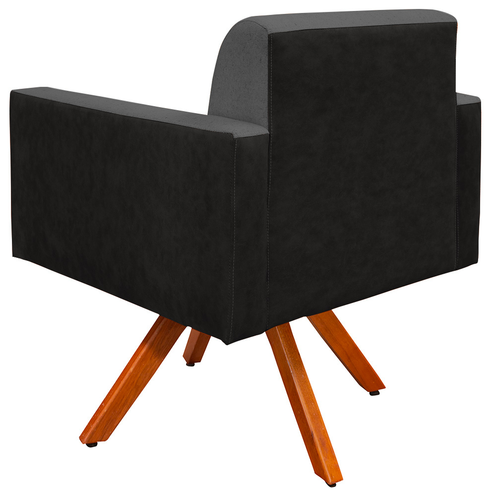 Poltrona Decorativa Base Giratória de Madeira Helô L02 Linho Chumbo Couríssimo Preto - Lyam Decor