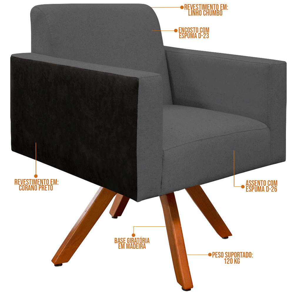 Poltrona Decorativa Base Giratória de Madeira Helô L02 Linho Chumbo Couríssimo Preto - Lyam Decor