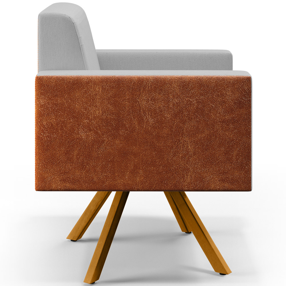 Poltrona Decorativa Base Giratória de Madeira Helô L02 Linho Cinza Couríssimo Camel - Lyam Decor