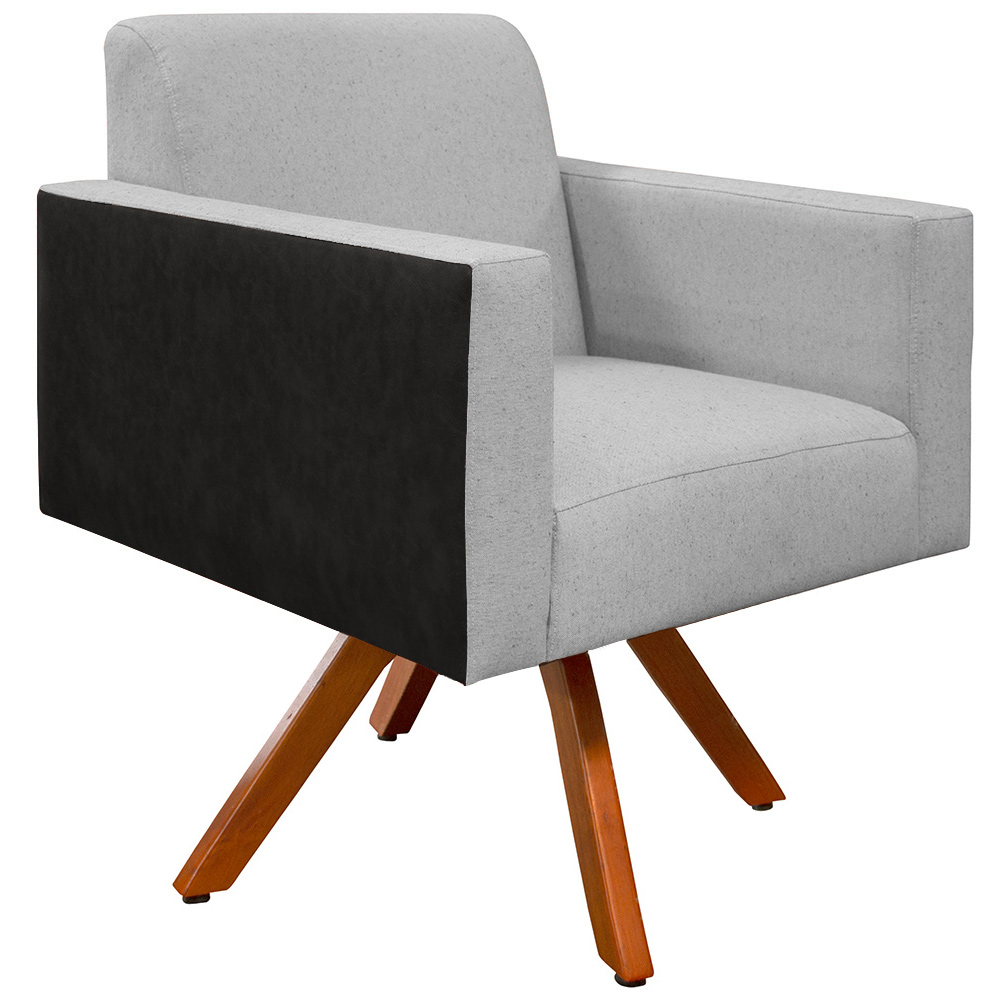 Poltrona Decorativa Base Giratória de Madeira Helô L02 Linho Cinza Couríssimo Preto - Lyam Decor