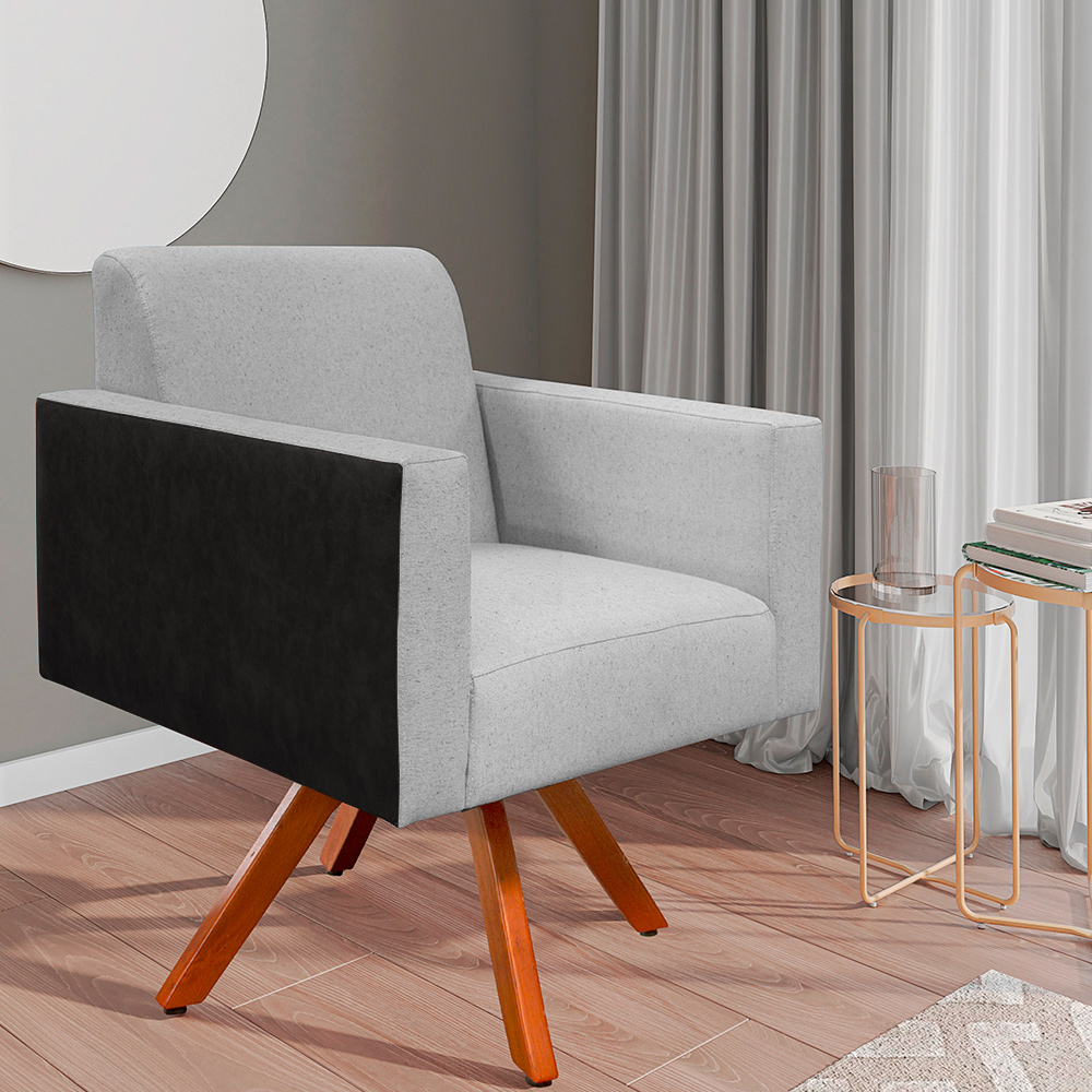 Poltrona Decorativa Base Giratória de Madeira Helô L02 Linho Cinza Couríssimo Preto - Lyam Decor